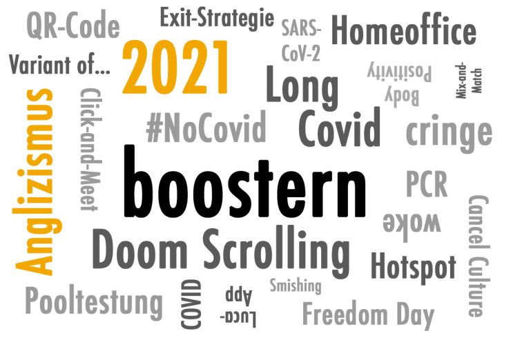 Wortwolke rund um Boostern, dem Anglizismus des Jahres 2021