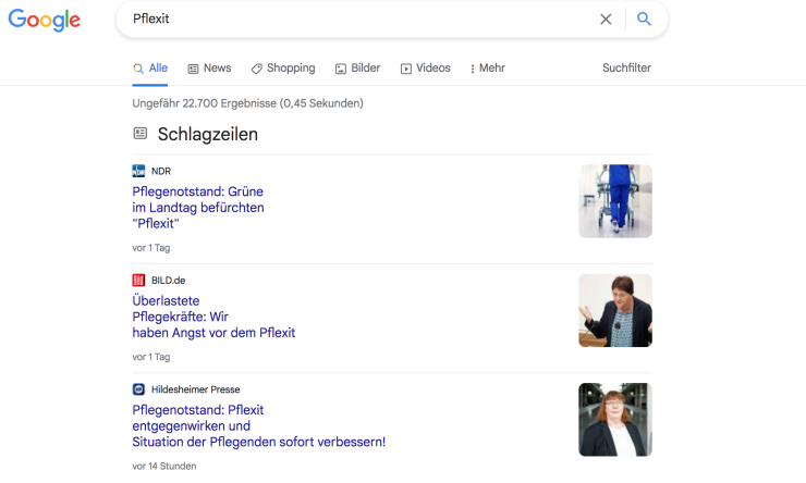 Bildschirmfoto der Suchergebnisse zu Pflexit