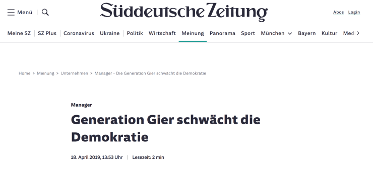 Schlagzeile der Süddeutschen Zeitung mit dem Wort Gier