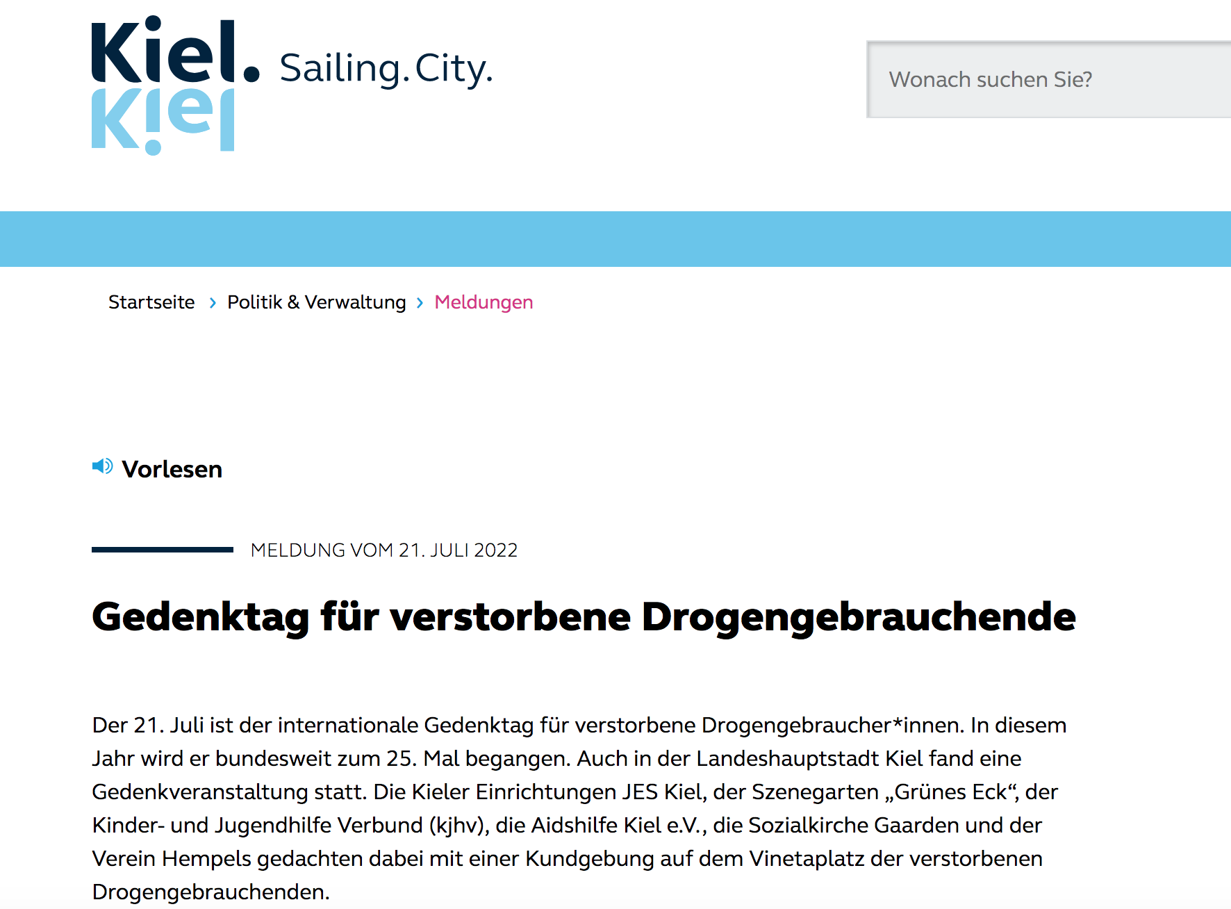 Bildschirmfoto der Stadt Kiel mit der Formulierung verstorbene Drogengebrauchende