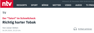 Bildschirmfoto eine Beitrages auf ntv mit der Überschrift „Harter Tobak“